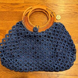 Woven Circle Crochet Navy Handbag with Bamboo Handles